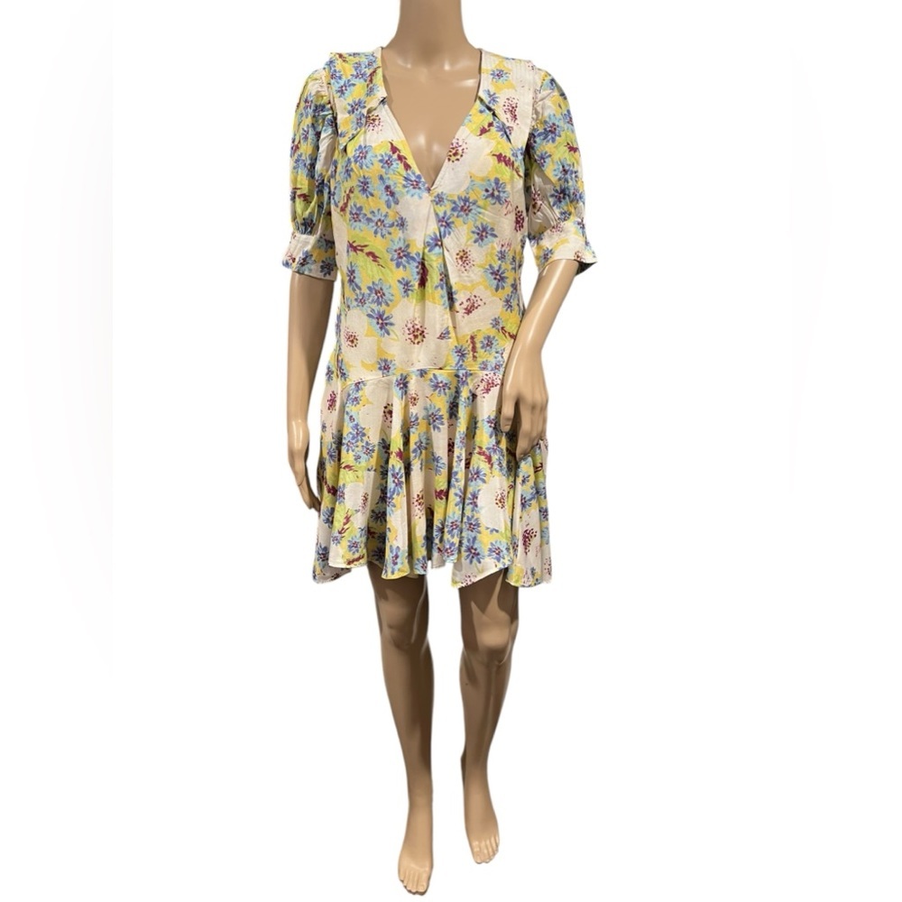 Free People Mini Dress Womens Boho Floral Y2k V Neck Ruffle Puff Sleeve Size XS